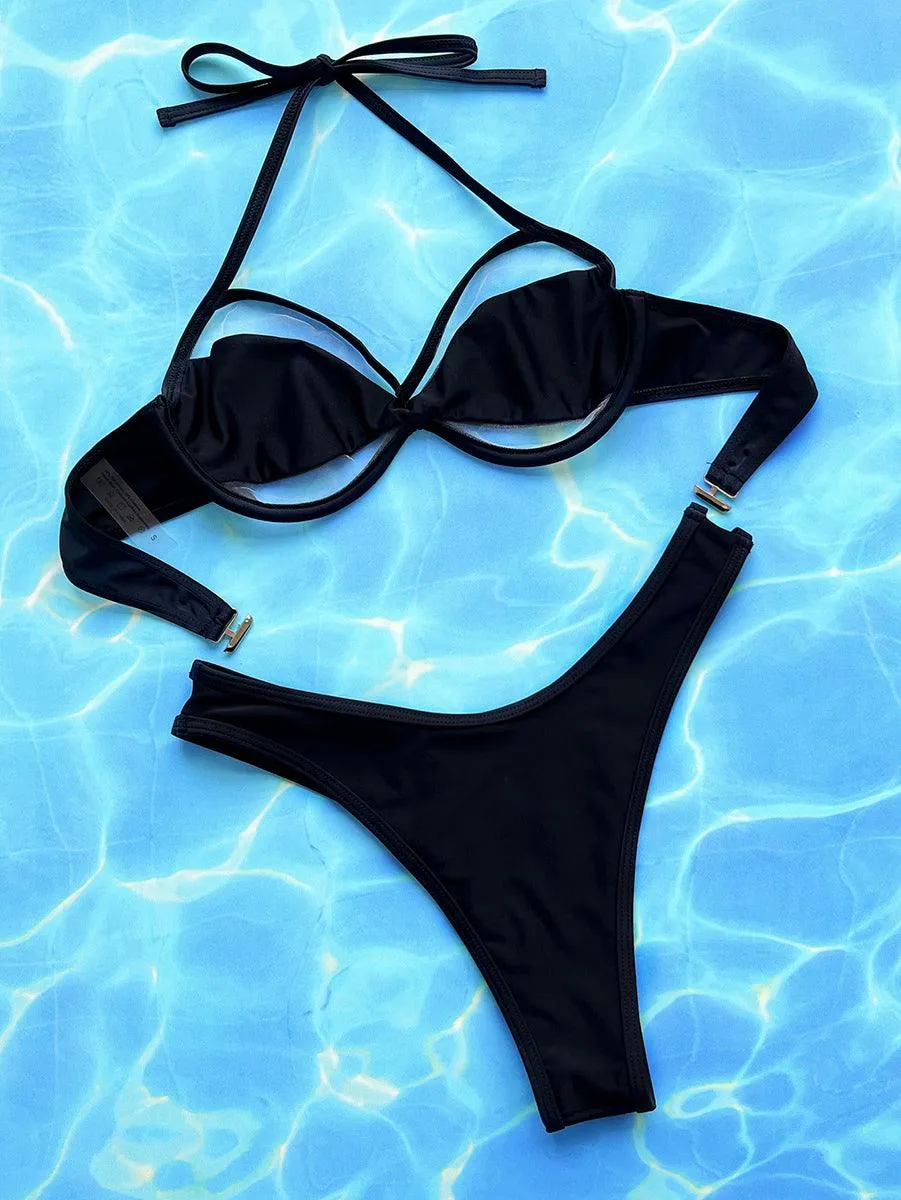 Women's Sexy V-Neck Bikini Set | Black Micro Swimwear | Designer Tankini