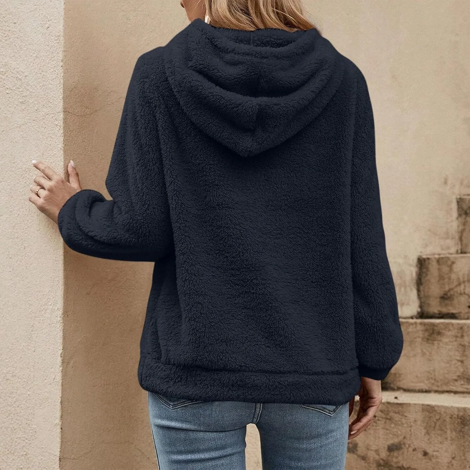Women's Sherpa Quarter Zip Pullover Oversized Trendy comfy Hoodies Y2k Casual Drawstring Long Sleeve Sweatshirts