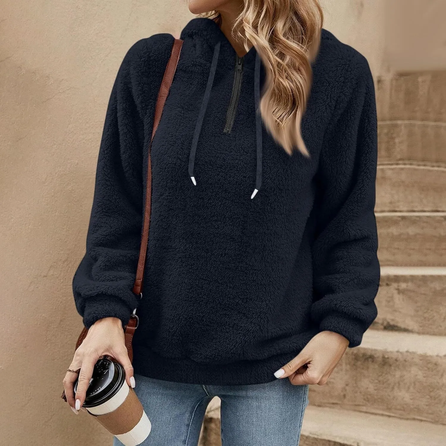 Women's Sherpa Quarter Zip Pullover Oversized Trendy comfy Hoodies Y2k Casual Drawstring Long Sleeve Sweatshirts