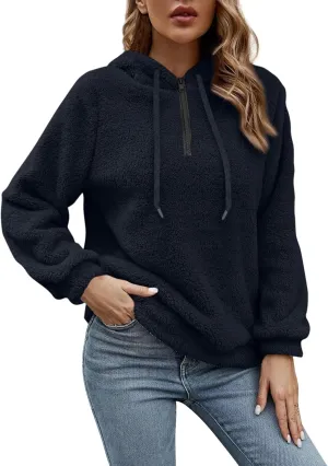 Women's Sherpa Quarter Zip Pullover Oversized Trendy comfy Hoodies Y2k Casual Drawstring Long Sleeve Sweatshirts