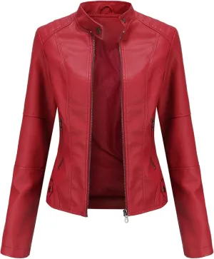 Women's Short PU Leather Jacket for Women Fashion Zip Up Motorcycle Biker Coat