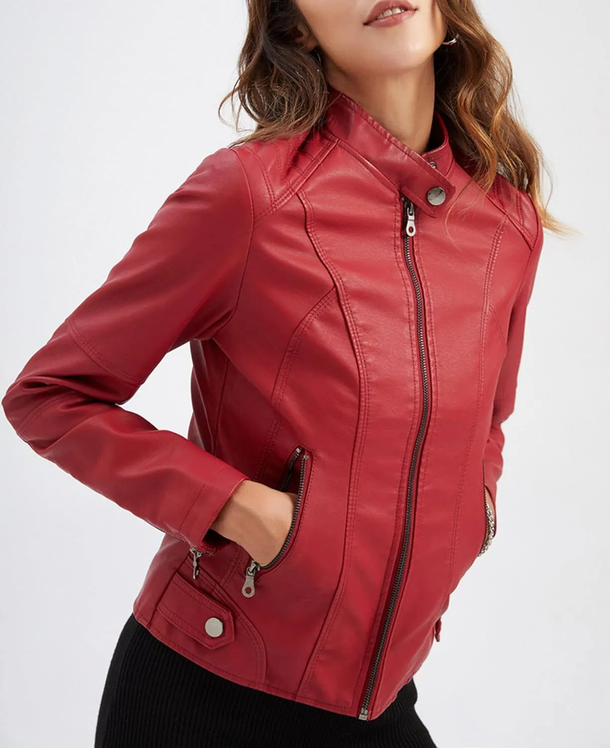 Women's Short PU Leather Jacket for Women Fashion Zip Up Motorcycle Biker Coat
