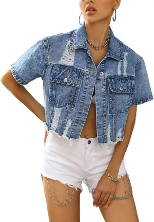 Womens Short Sleeve Denim Jacket Lapel Button Down Cropped Trucker Jean Jackets Coats