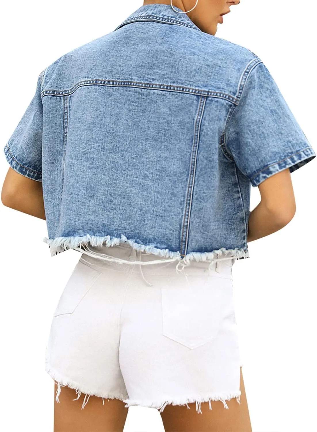 Womens Short Sleeve Denim Jacket Lapel Button Down Cropped Trucker Jean Jackets Coats