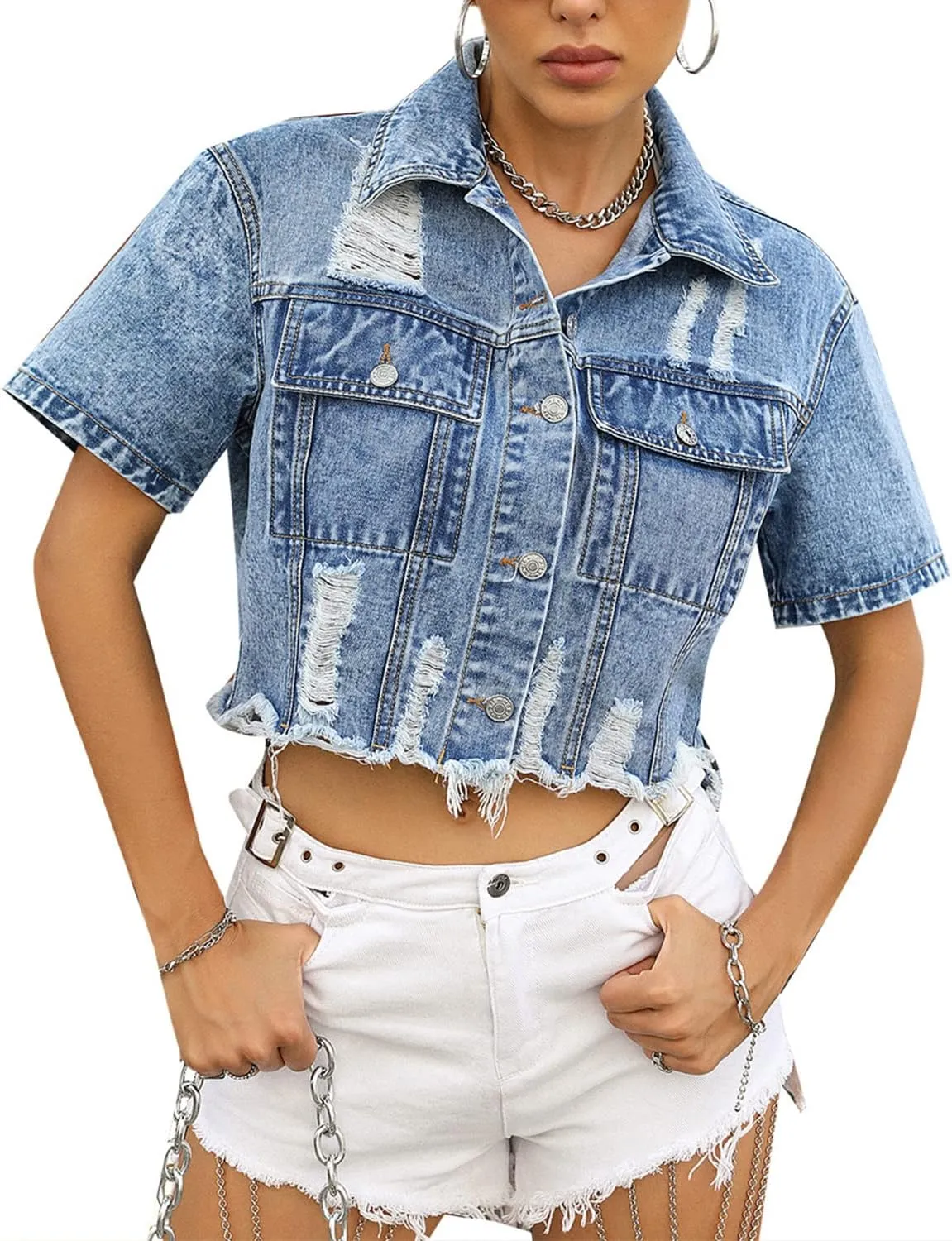 Womens Short Sleeve Denim Jacket Lapel Button Down Cropped Trucker Jean Jackets Coats