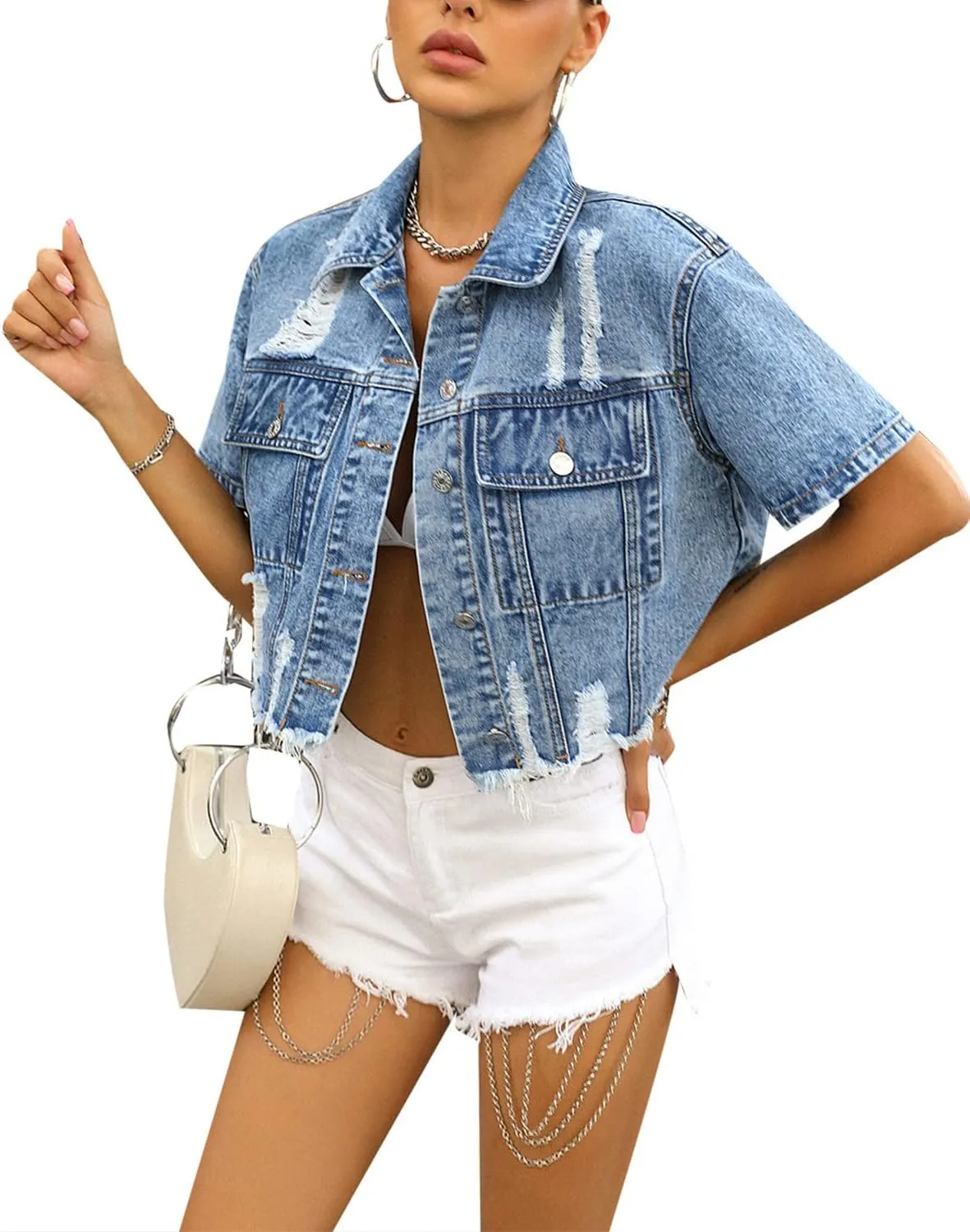 Womens Short Sleeve Denim Jacket Lapel Button Down Cropped Trucker Jean Jackets Coats