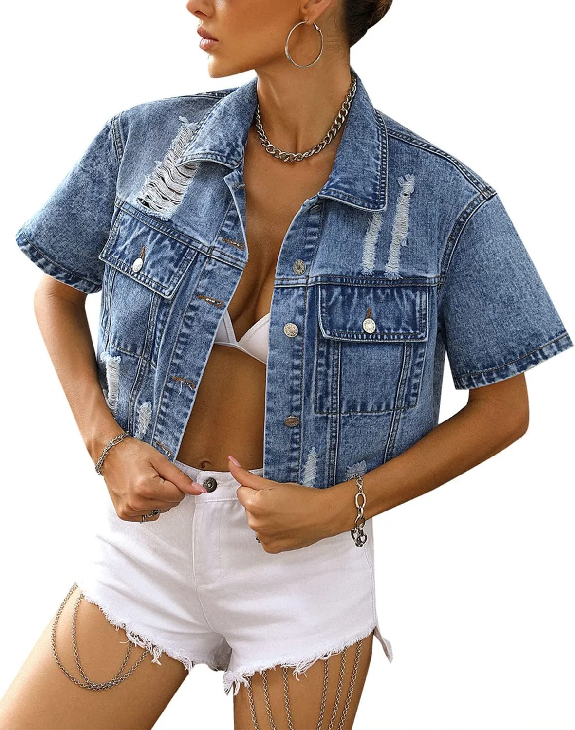 Womens Short Sleeve Denim Jacket Lapel Button Down Cropped Trucker Jean Jackets Coats