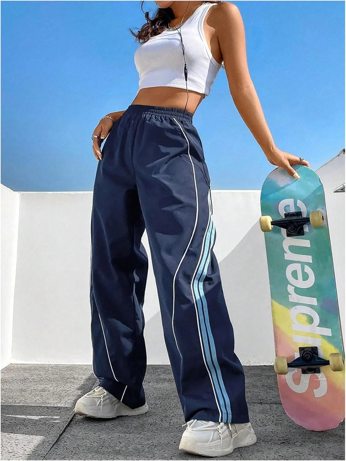 Women's Side Striped Parachute Pants Wide Leg High Elastic Waist Sweatpants with Pockets