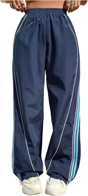 Women's Side Striped Parachute Pants Wide Leg High Elastic Waist Sweatpants with Pockets