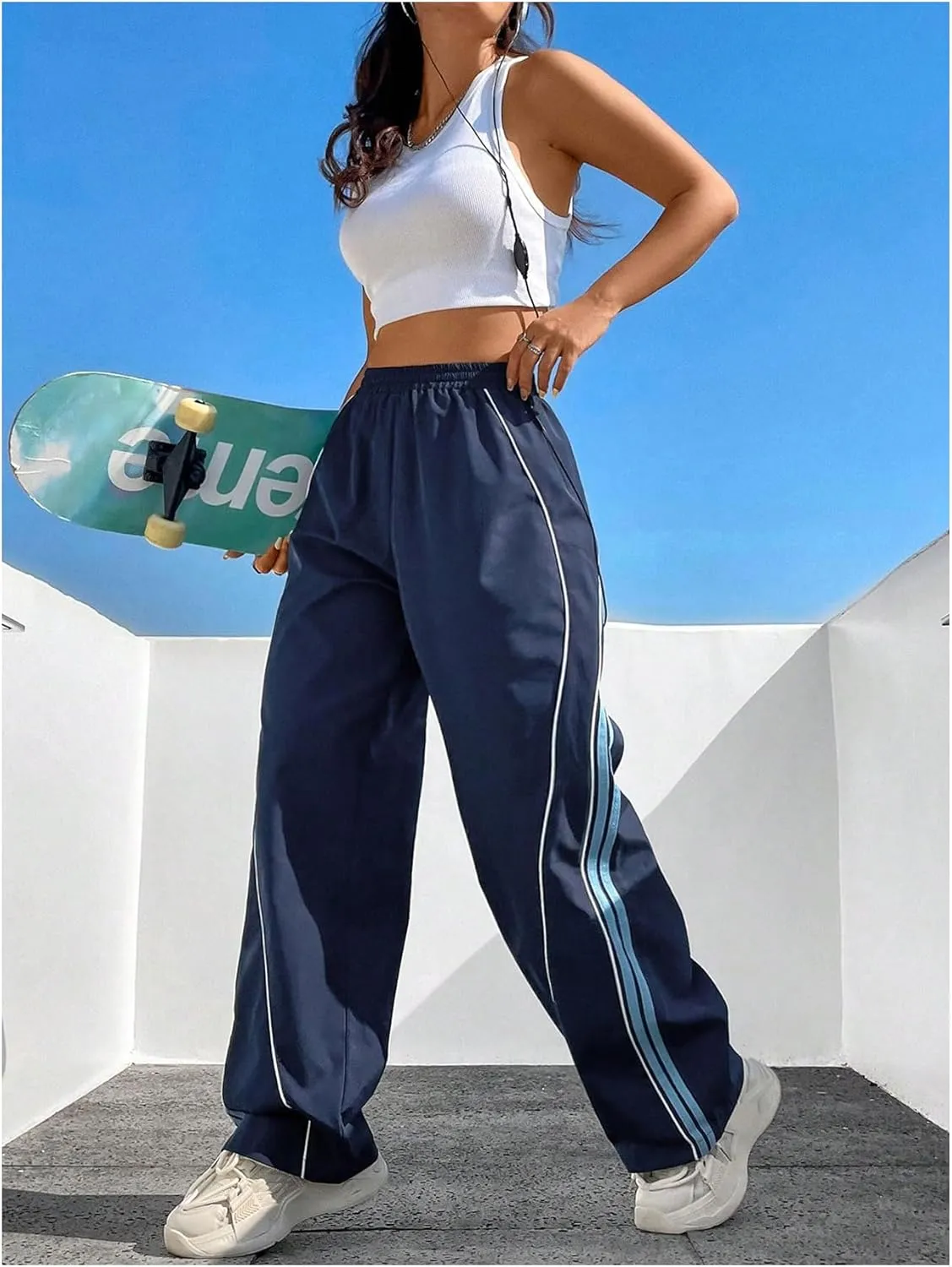 Women's Side Striped Parachute Pants Wide Leg High Elastic Waist Sweatpants with Pockets