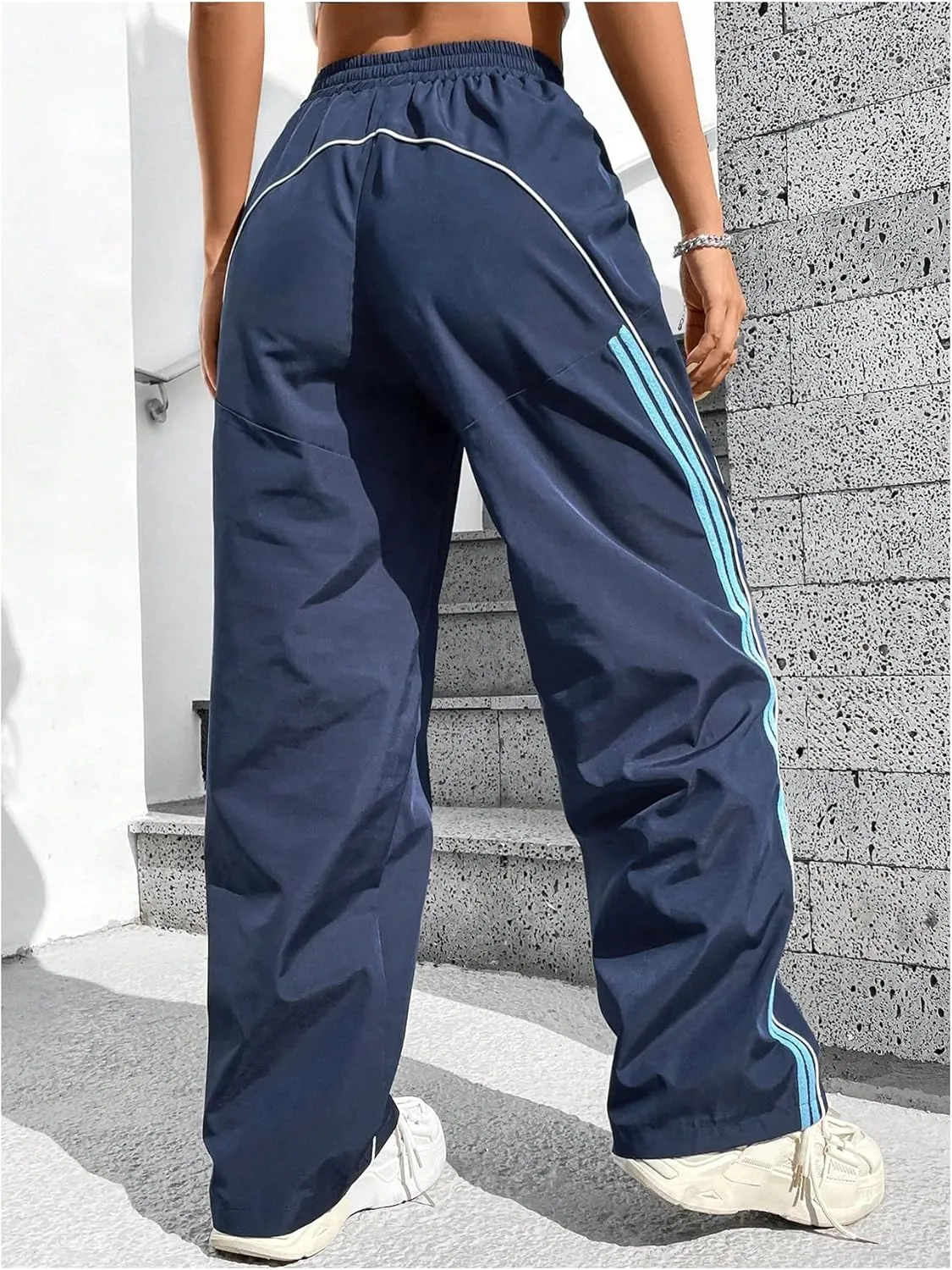 Women's Side Striped Parachute Pants Wide Leg High Elastic Waist Sweatpants with Pockets