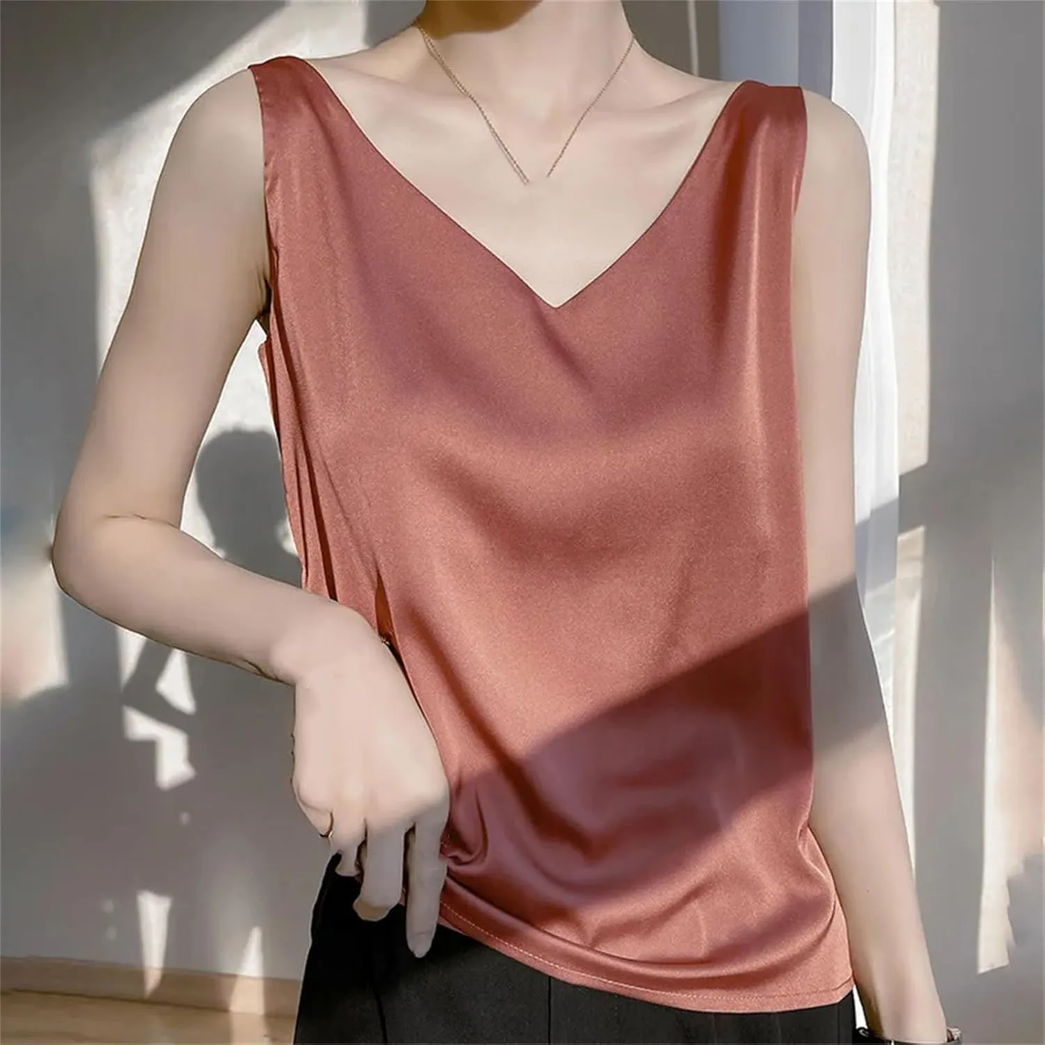 Womens Silk Satin Tank Tops V Neck Casual Cami Sleeveless Camisole Blouses Spring Basic Tank Shirt