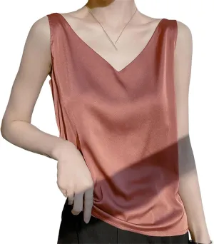 Womens Silk Satin Tank Tops V Neck Casual Cami Sleeveless Camisole Blouses Spring Basic Tank Shirt