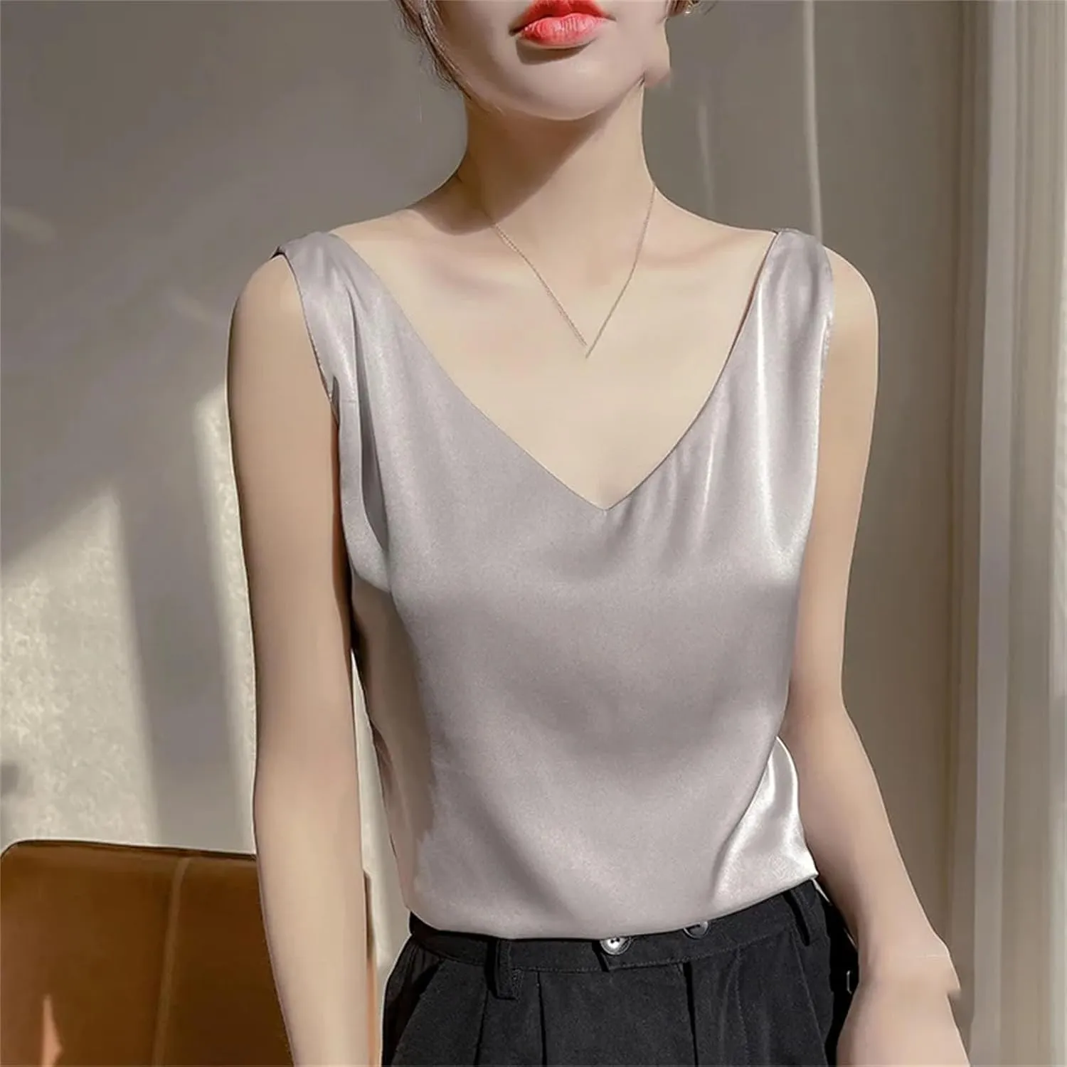 Womens Silk Satin Tank Tops V Neck Casual Cami Sleeveless Camisole Blouses Spring Basic Tank Shirt