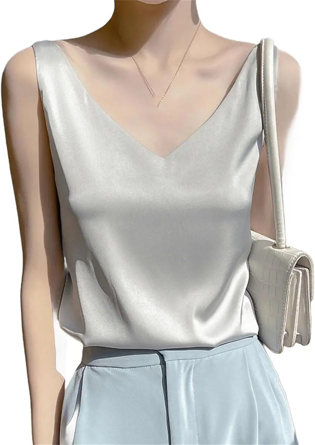 Womens Silk Satin Tank Tops V Neck Casual Cami Sleeveless Camisole Blouses Spring Basic Tank Shirt