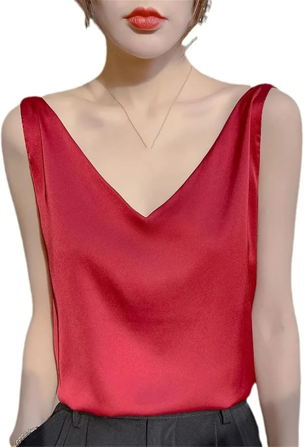 Womens Silk Satin Tank Tops V Neck Casual Cami Sleeveless Camisole Blouses Spring Basic Tank Shirt