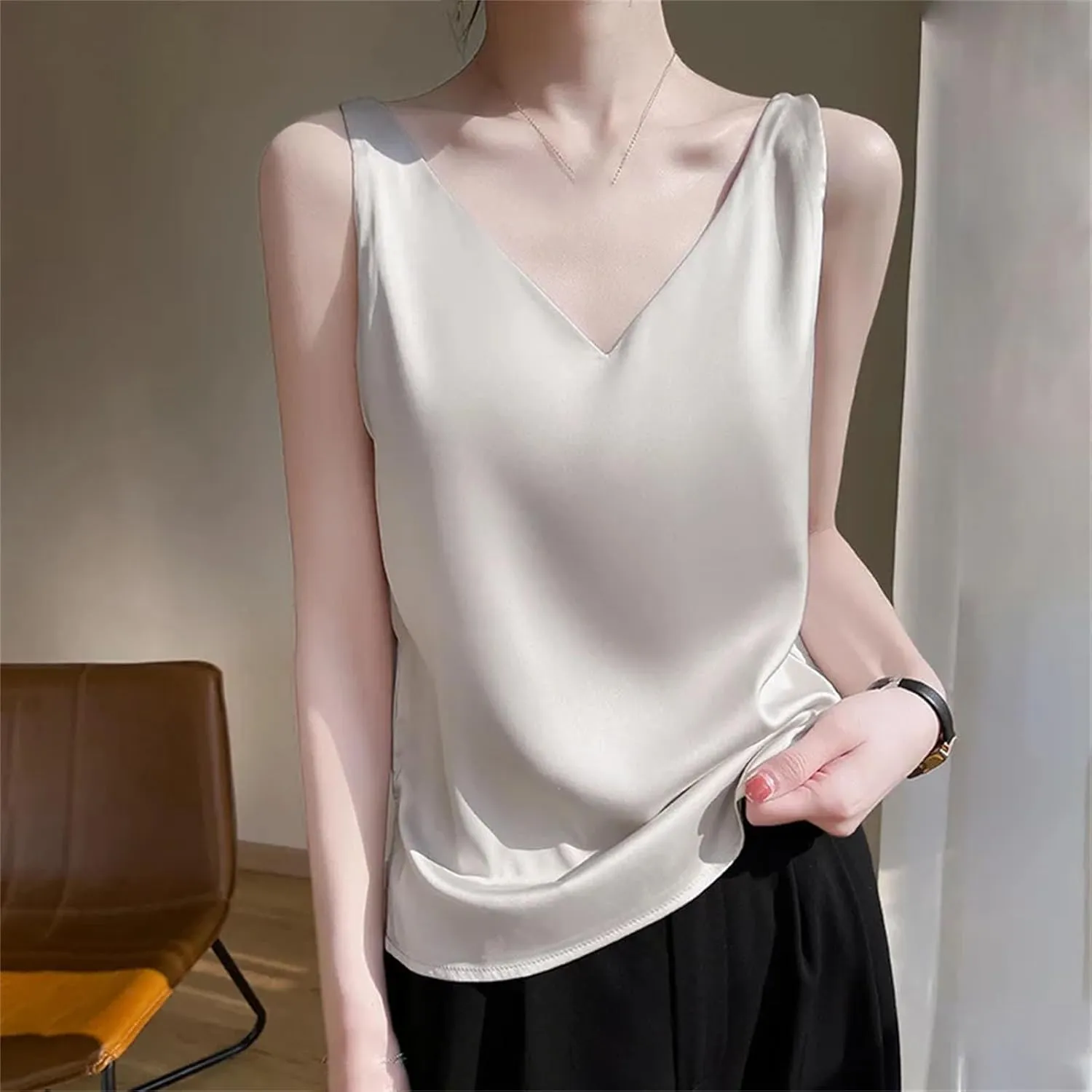 Womens Silk Satin Tank Tops V Neck Casual Cami Sleeveless Camisole Blouses Spring Basic Tank Shirt