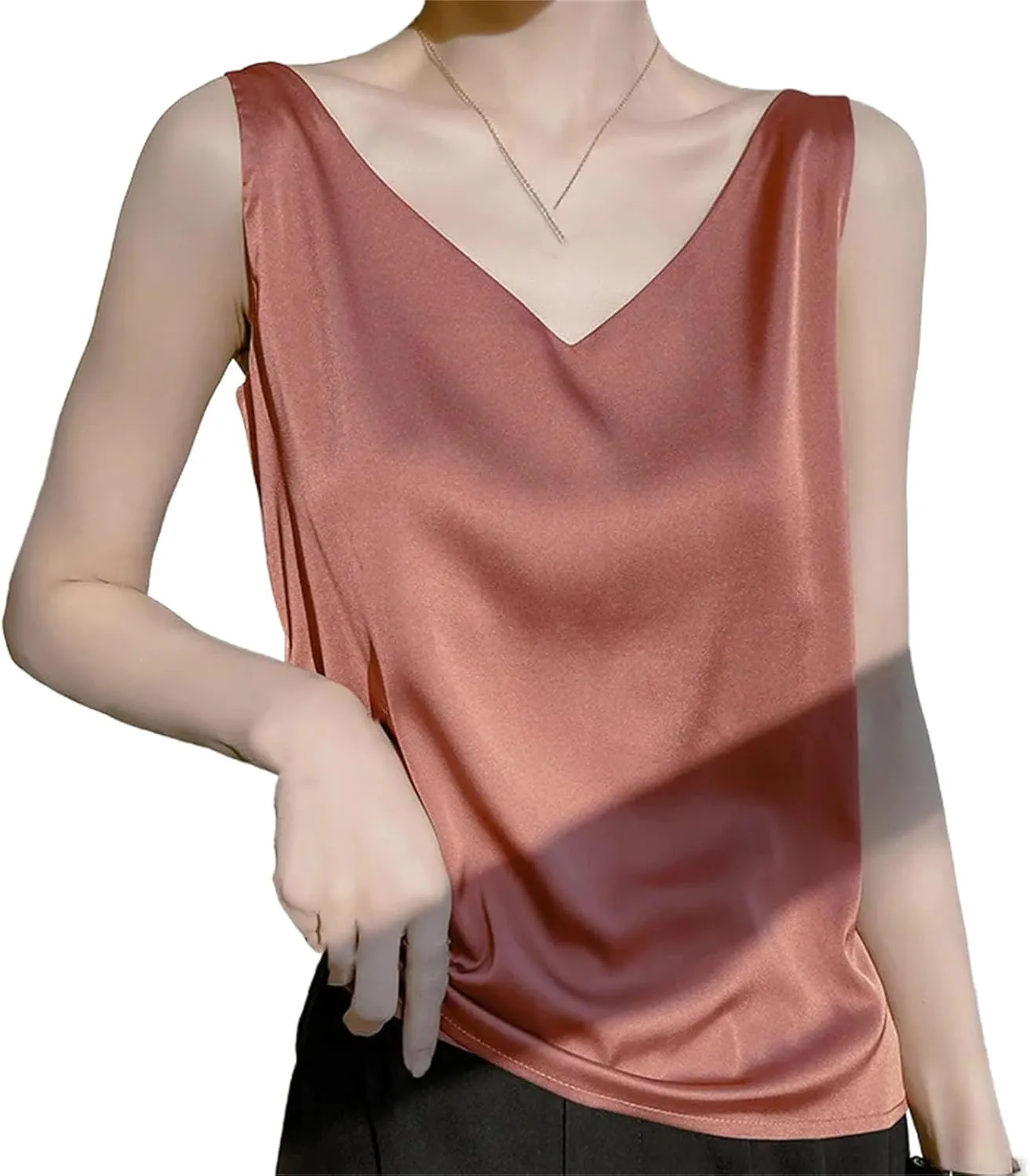 Womens Silk Satin Tank Tops V Neck Casual Cami Sleeveless Camisole Blouses Spring Basic Tank Shirt