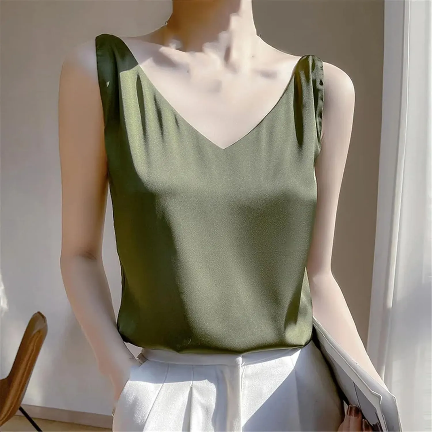 Womens Silk Satin Tank Tops V Neck Casual Cami Sleeveless Camisole Blouses Spring Basic Tank Shirt