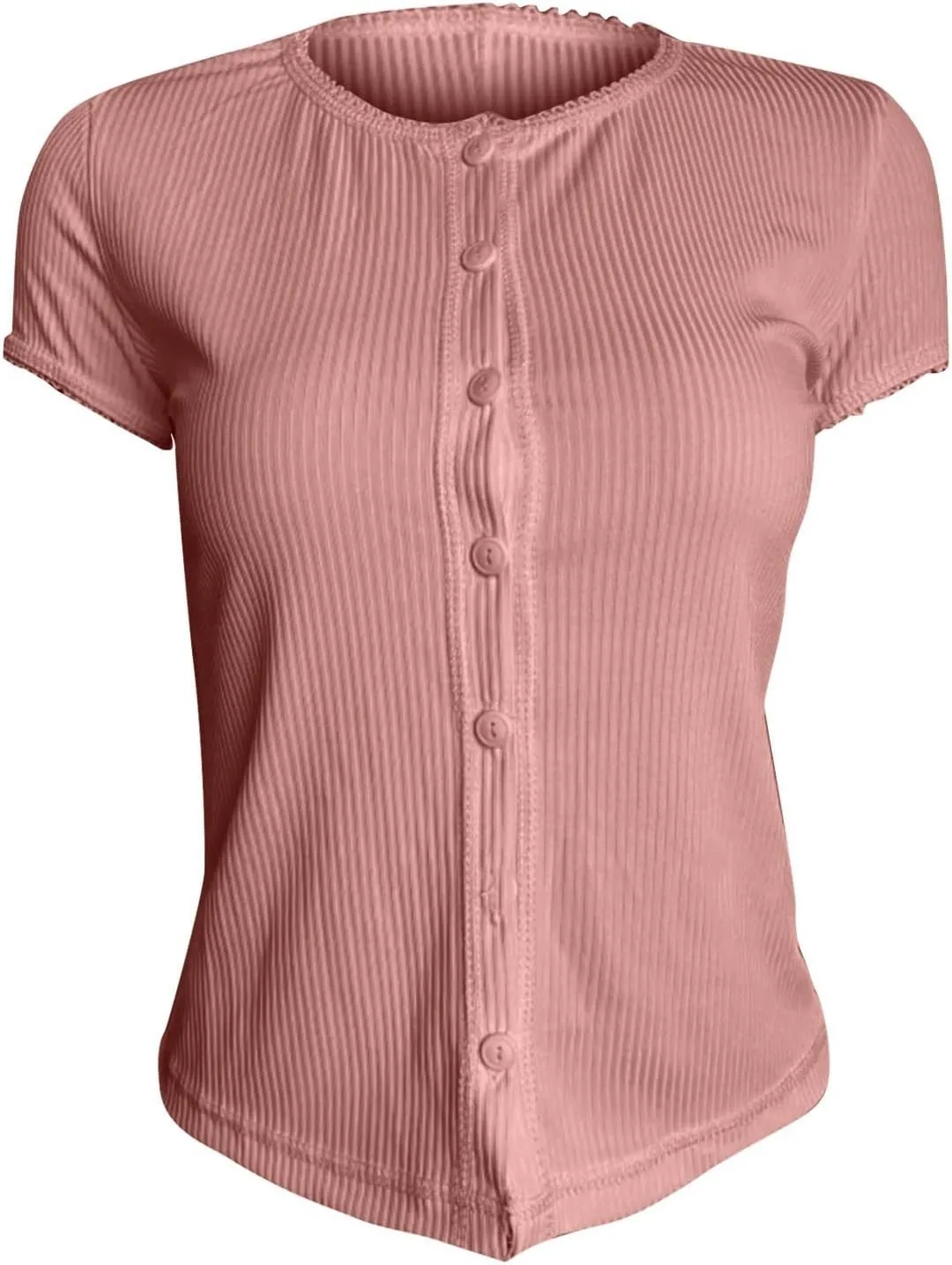 Womens Slim Fitted T Shirts Short Sleeve Cardigan Button Down Tee Blouses Basic Y2k Ribbed Tops