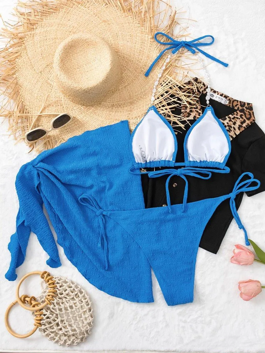 Women's Solid Color Bikini Set with Cover Up - Designer Swimwear by GFIT SPORTS