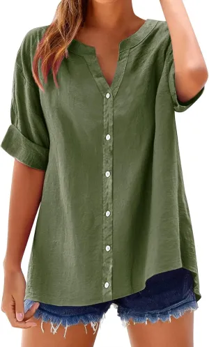 Women's Solid V-Neck Linen Shirt - 2025 Lightweight Summer Beach Top, Short Sleeve Boho Button Front Casual Blouse