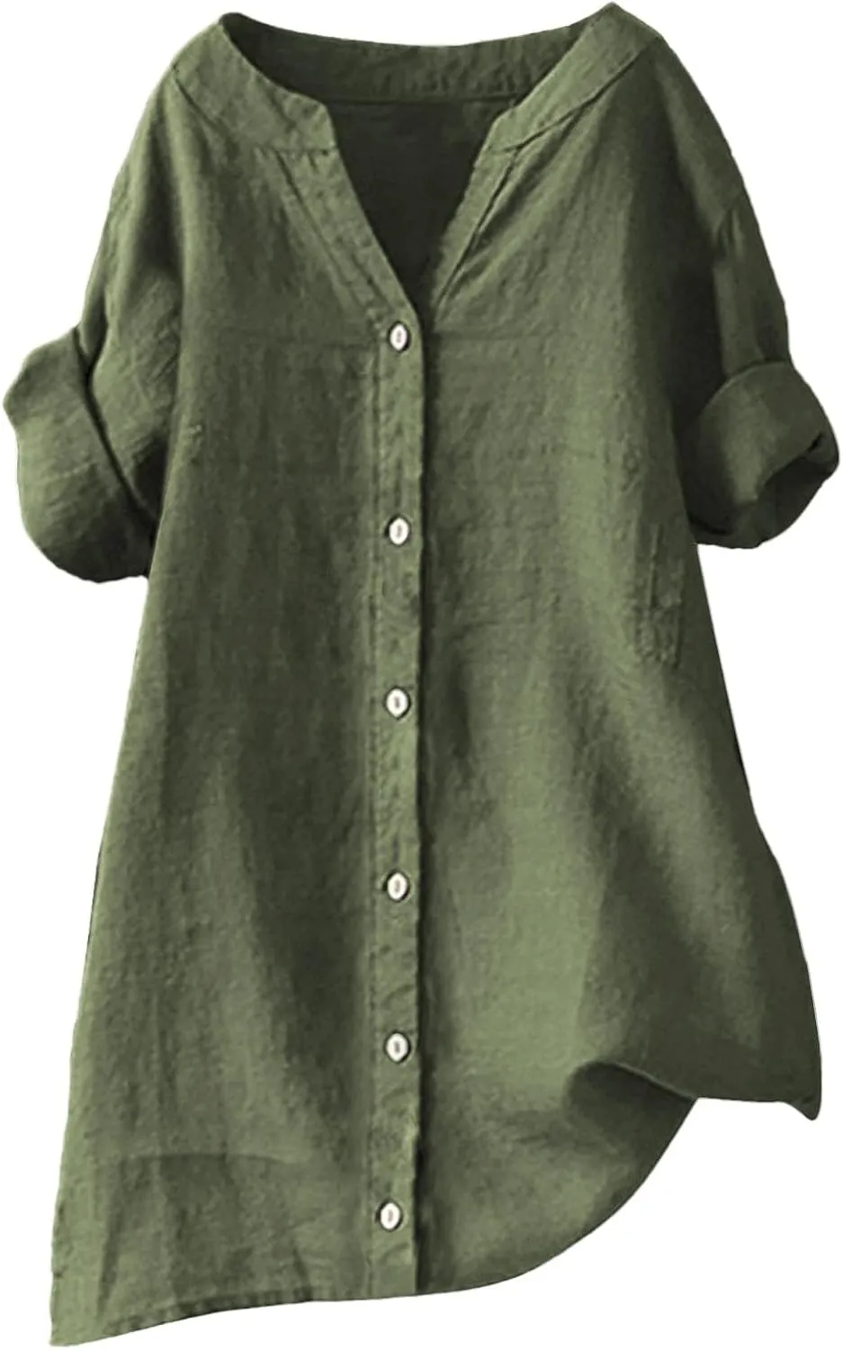 Women's Solid V-Neck Linen Shirt - 2025 Lightweight Summer Beach Top, Short Sleeve Boho Button Front Casual Blouse