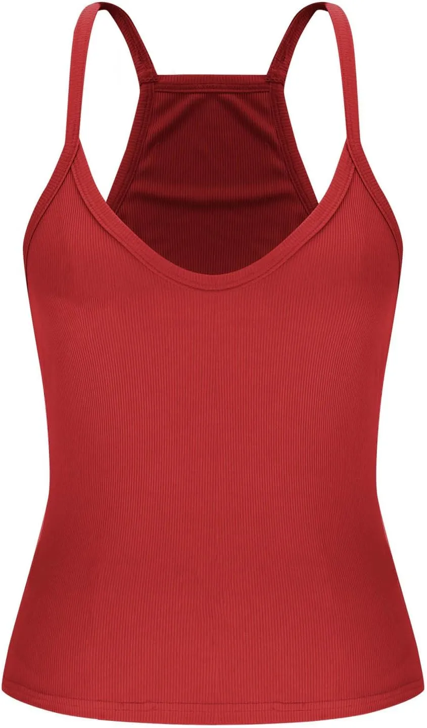 Womens Spaghetti Strap V-Neck Ribbed Tank Tops Racerback Summer Basic Camisole Going Out Slim Fit Yoga Workout Tops