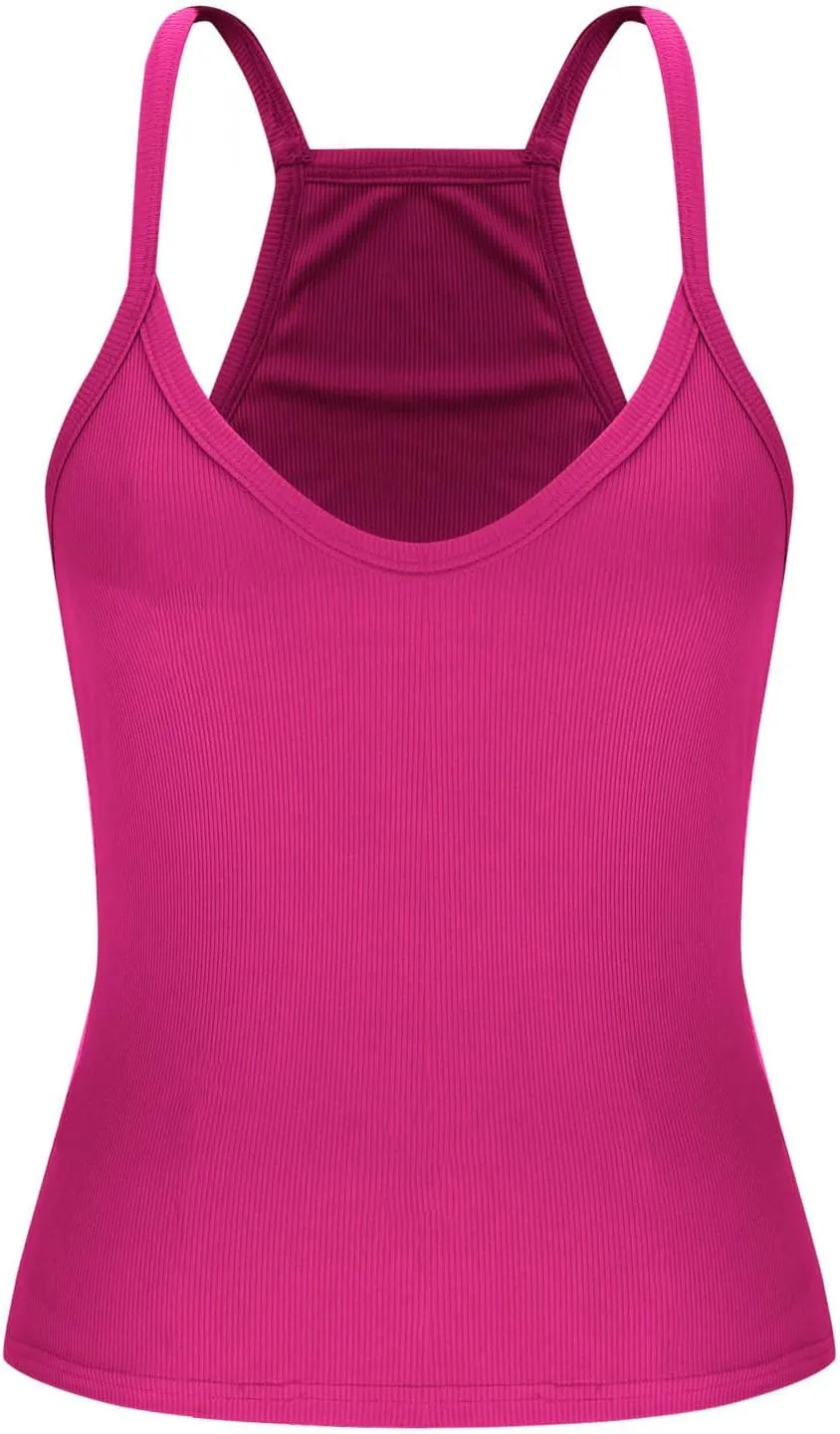 Womens Spaghetti Strap V-Neck Ribbed Tank Tops Racerback Summer Basic Camisole Going Out Slim Fit Yoga Workout Tops