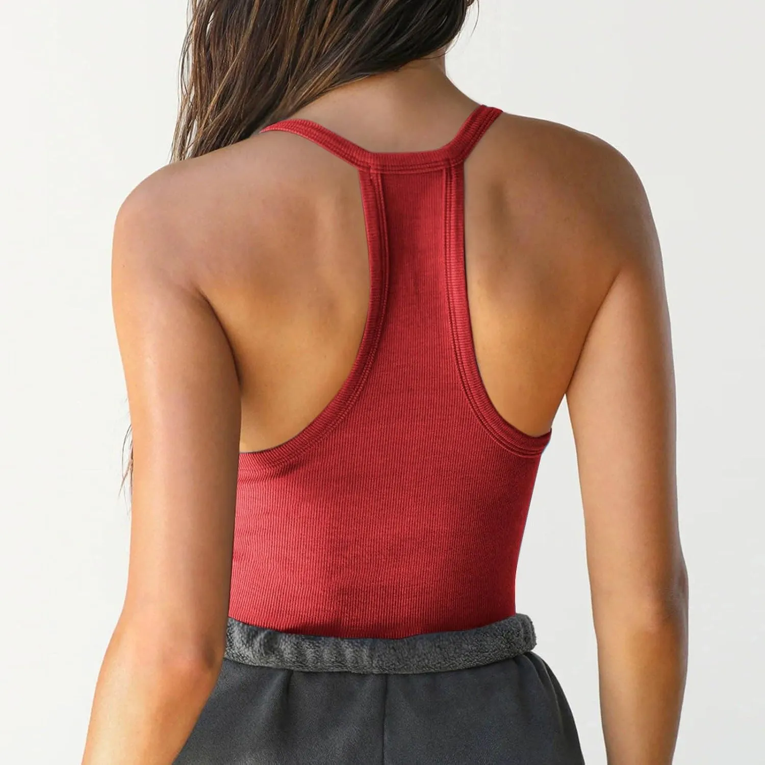 Womens Spaghetti Strap V-Neck Ribbed Tank Tops Racerback Summer Basic Camisole Going Out Slim Fit Yoga Workout Tops