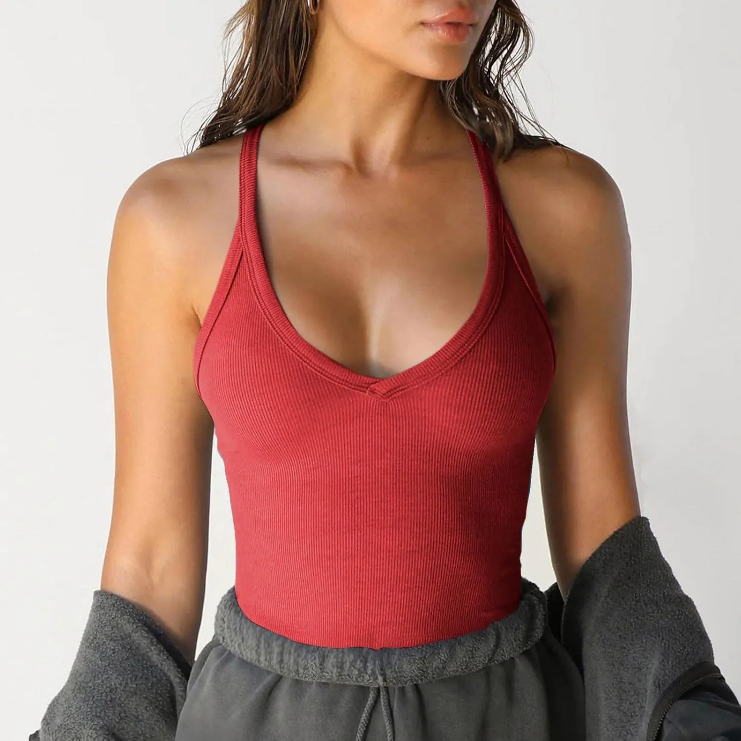 Womens Spaghetti Strap V-Neck Ribbed Tank Tops Racerback Summer Basic Camisole Going Out Slim Fit Yoga Workout Tops