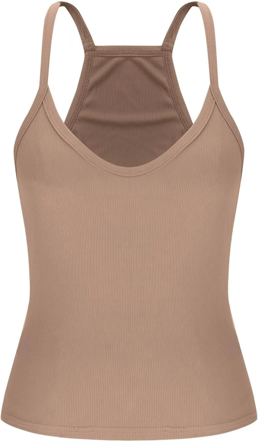 Womens Spaghetti Strap V-Neck Ribbed Tank Tops Racerback Summer Basic Camisole Going Out Slim Fit Yoga Workout Tops