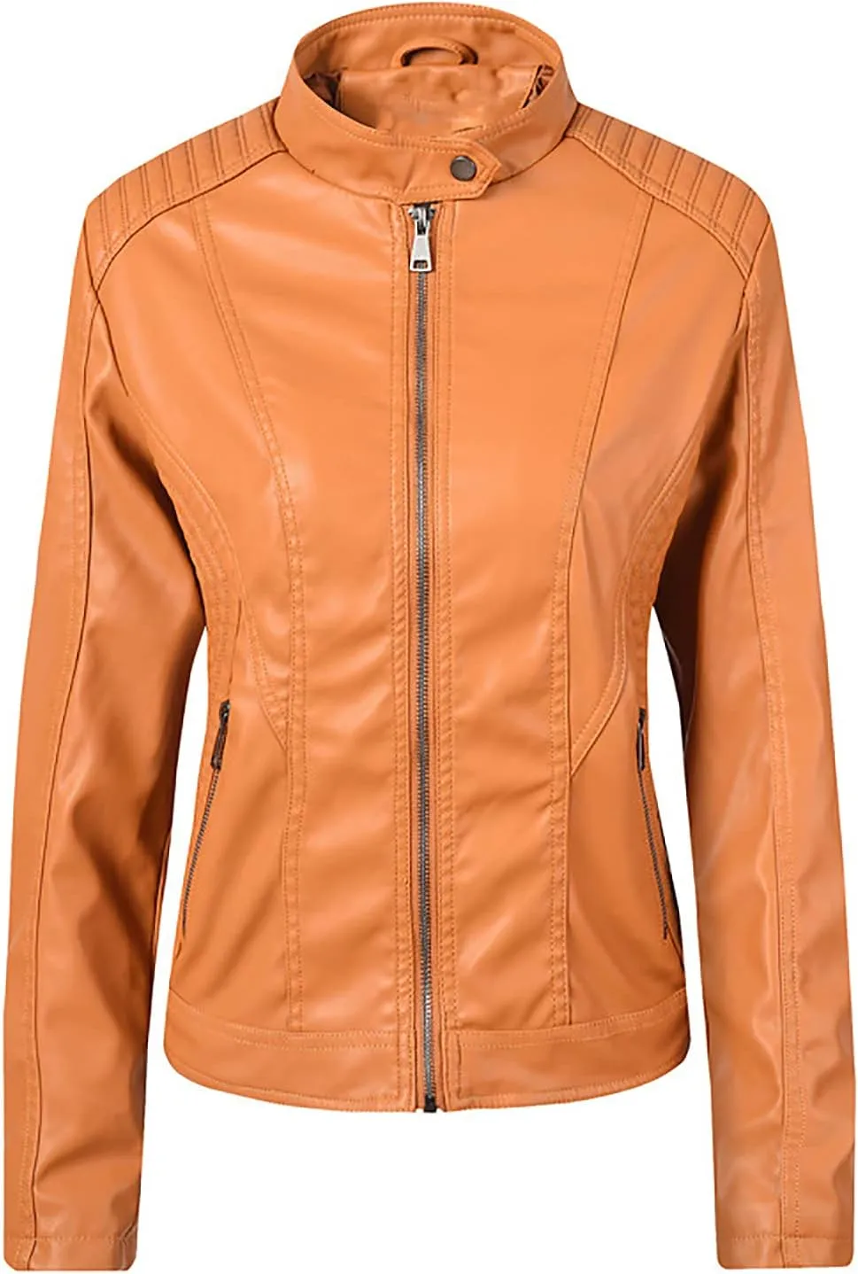Womens Stand Collar Leather Jacket Ladies Faux Leather Coat Moto Biker Jackets Zipper Bomber Coats Zip Up Overcoat