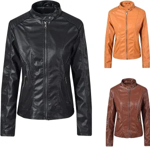 Womens Stand Collar Leather Jacket Ladies Faux Leather Coat Moto Biker Jackets Zipper Bomber Coats Zip Up Overcoat