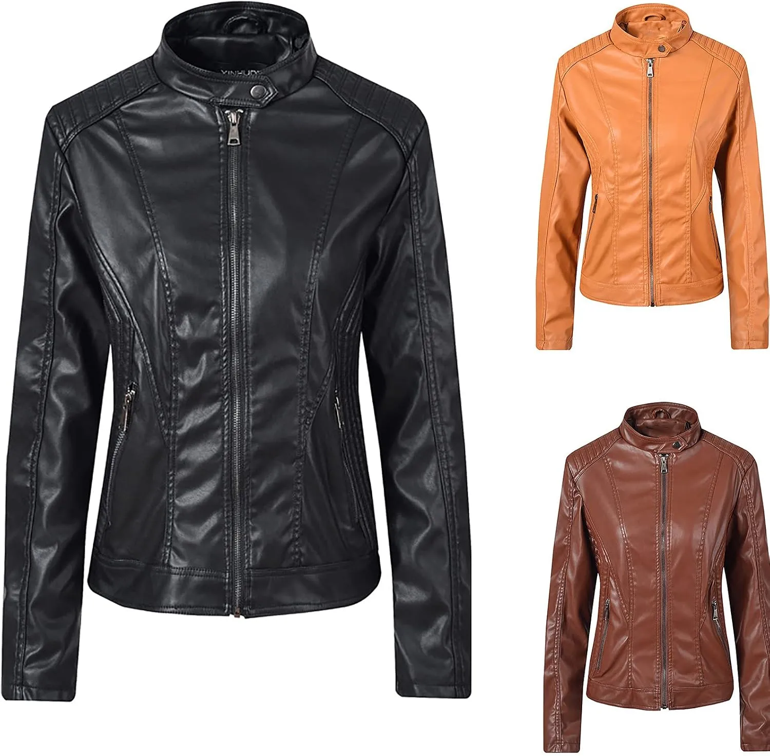 Womens Stand Collar Leather Jacket Ladies Faux Leather Coat Moto Biker Jackets Zipper Bomber Coats Zip Up Overcoat