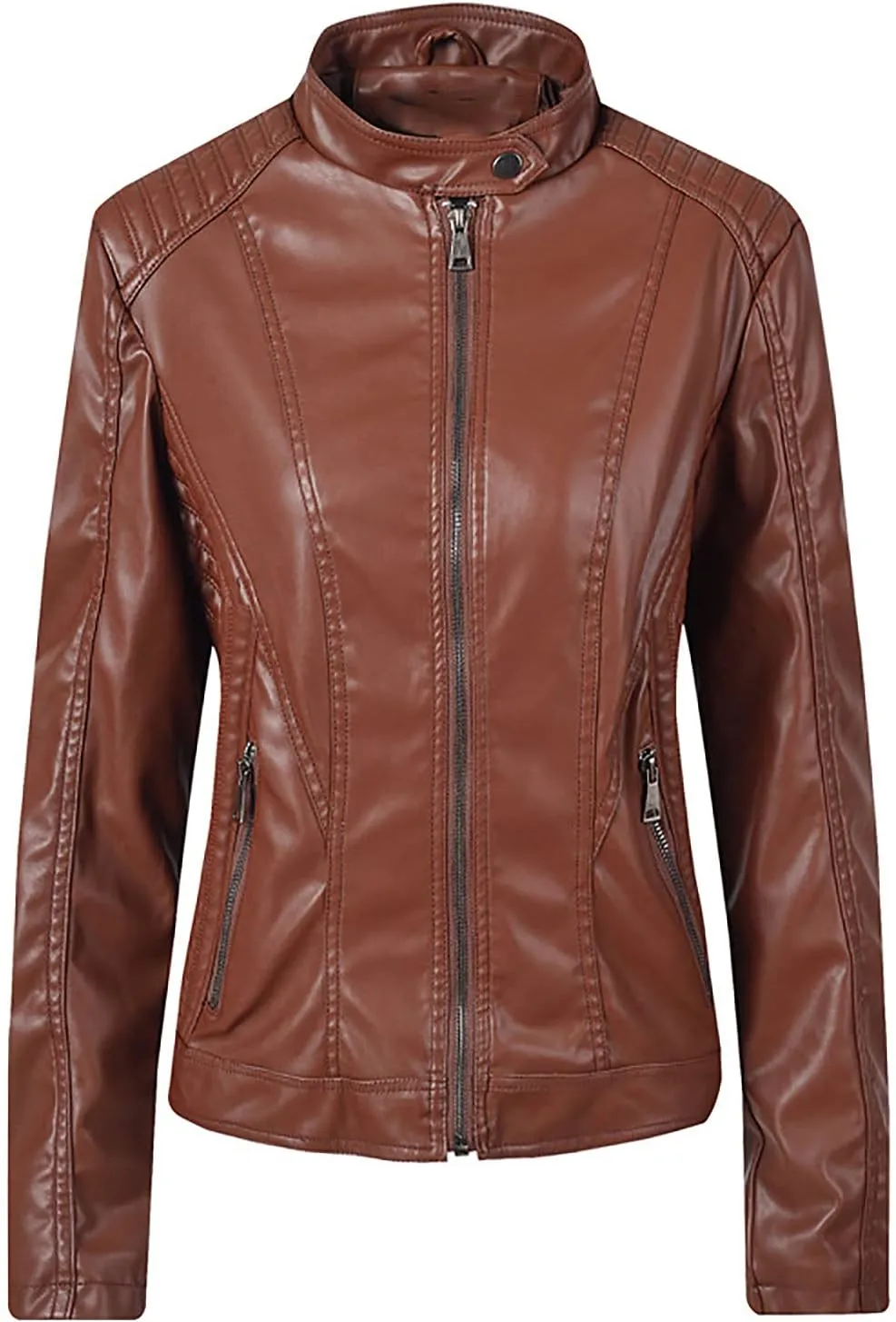 Womens Stand Collar Leather Jacket Ladies Faux Leather Coat Moto Biker Jackets Zipper Bomber Coats Zip Up Overcoat