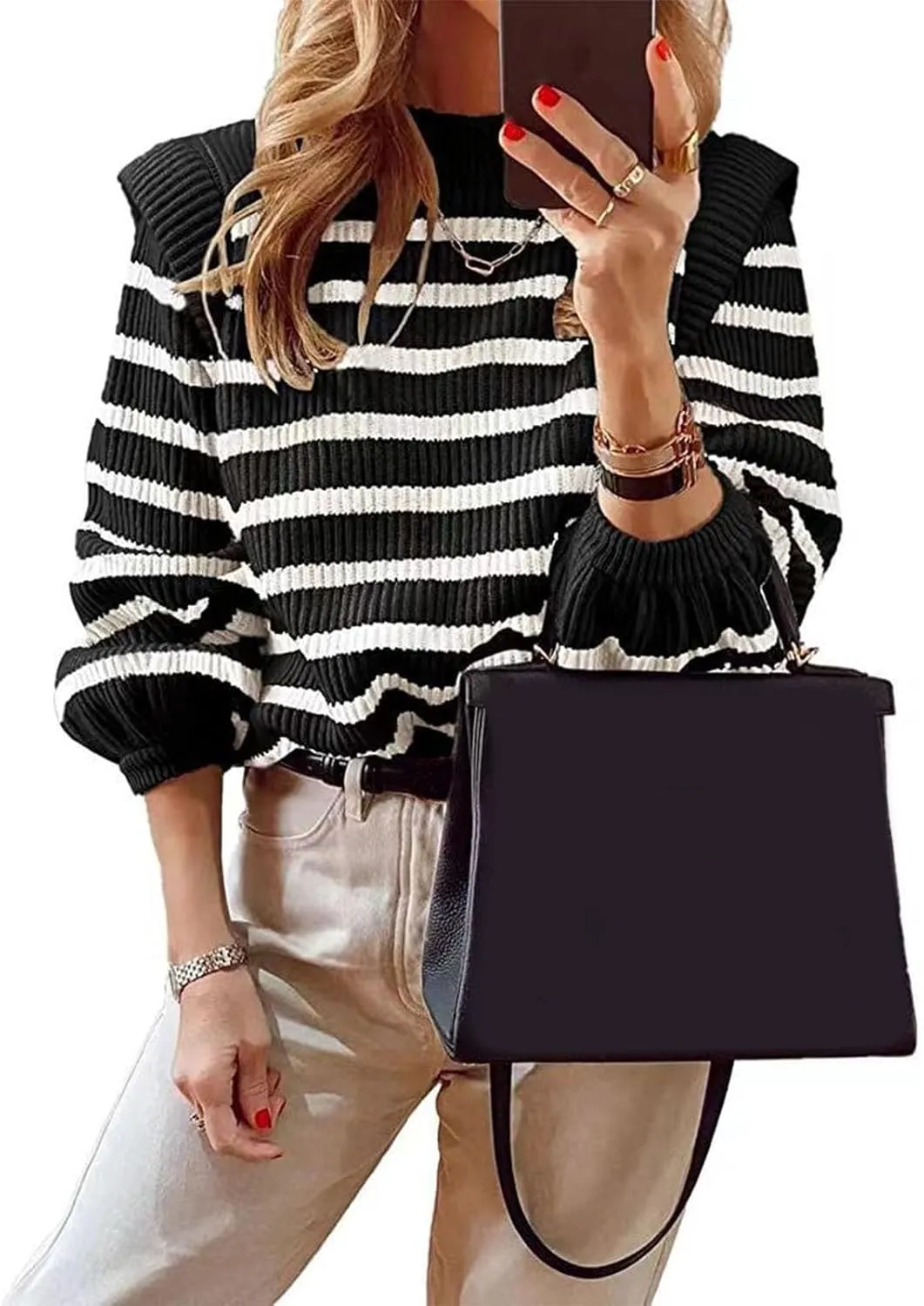 Womens Striped Color Block Sweaters Long Sleeve Crewneck Pullover Knit Jumper Tops Oversized Chic Blouse Shirt