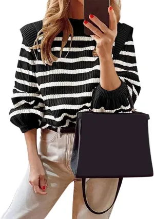 Womens Striped Color Block Sweaters Long Sleeve Crewneck Pullover Knit Jumper Tops Oversized Chic Blouse Shirt