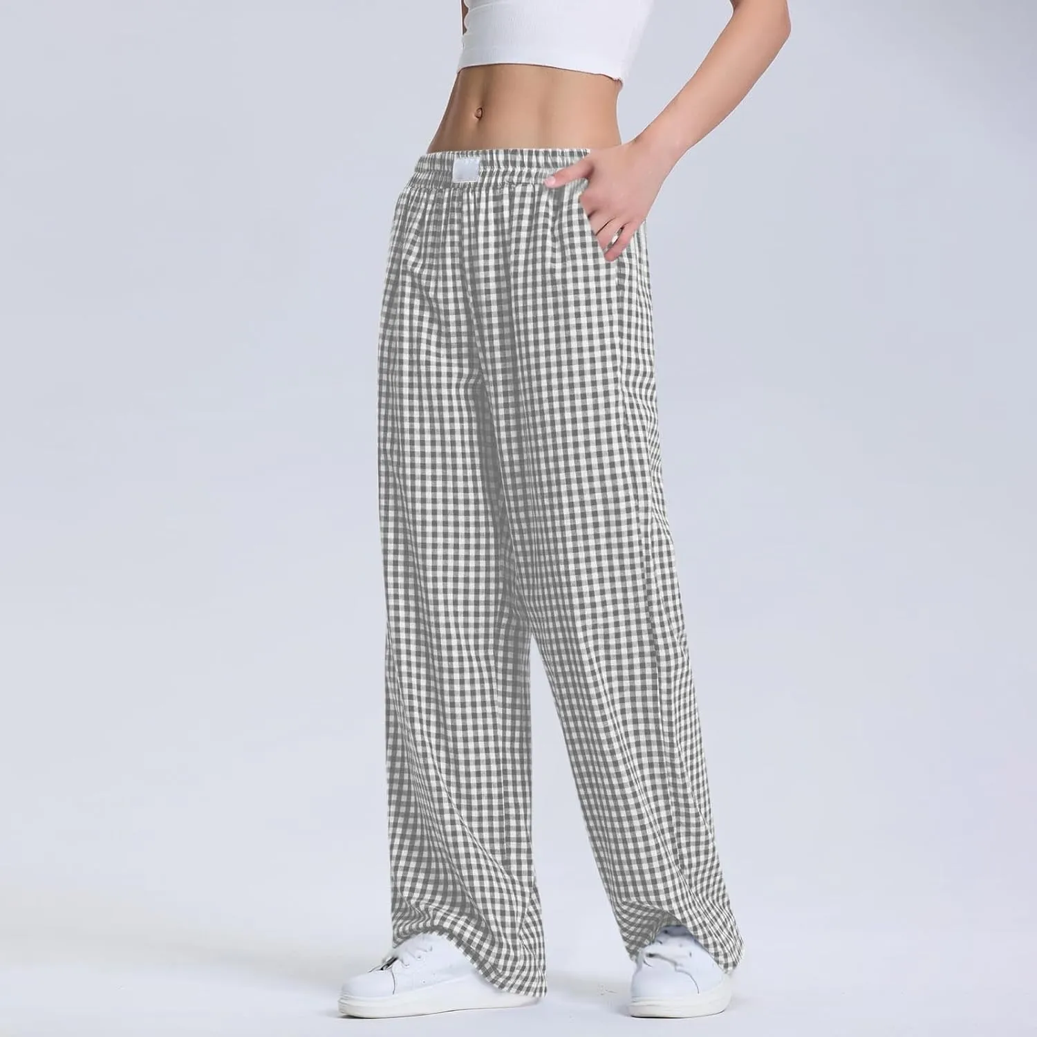 Women's Striped Gingham Boxer Pant Wide Leg Elastic Waist Pajama Lounge Pj Plaid TrousersY2K Beach Bottoms with Pocket