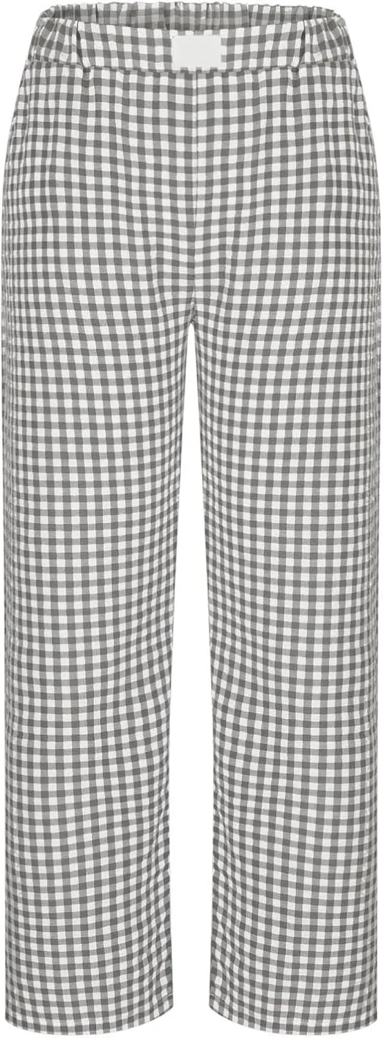 Women's Striped Gingham Boxer Pant Wide Leg Elastic Waist Pajama Lounge Pj Plaid TrousersY2K Beach Bottoms with Pocket