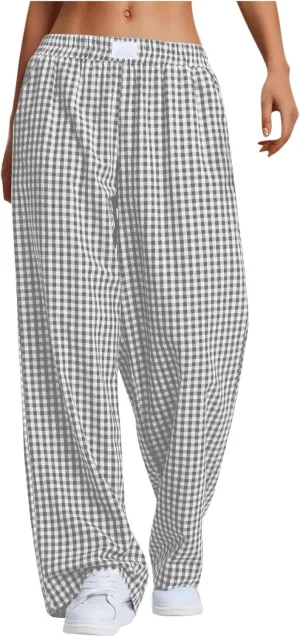 Women's Striped Gingham Boxer Pant Wide Leg Elastic Waist Pajama Lounge Pj Plaid TrousersY2K Beach Bottoms with Pocket