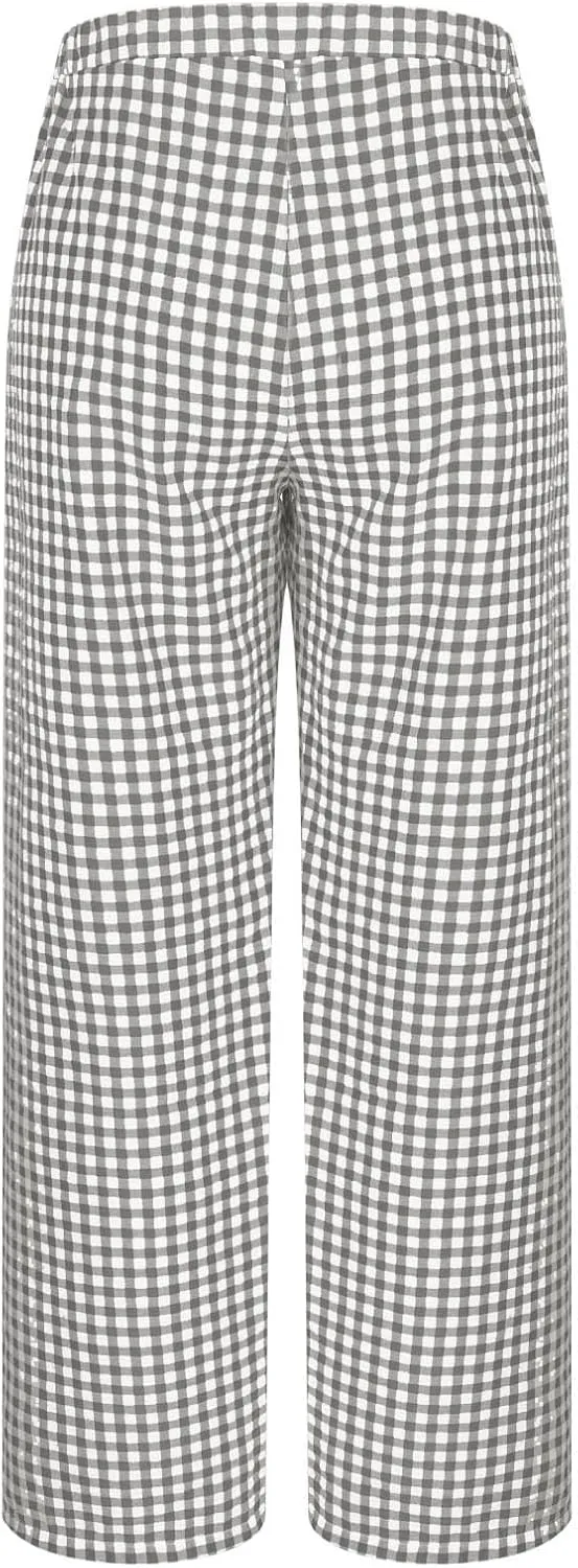 Women's Striped Gingham Boxer Pant Wide Leg Elastic Waist Pajama Lounge Pj Plaid TrousersY2K Beach Bottoms with Pocket