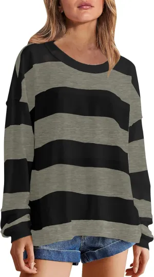 Women's Striped Sweatshirt Long Sleeve Shirts Crewneck Oversized Casual Pullover Top 2024 Fall Fashion Outfits Clothes