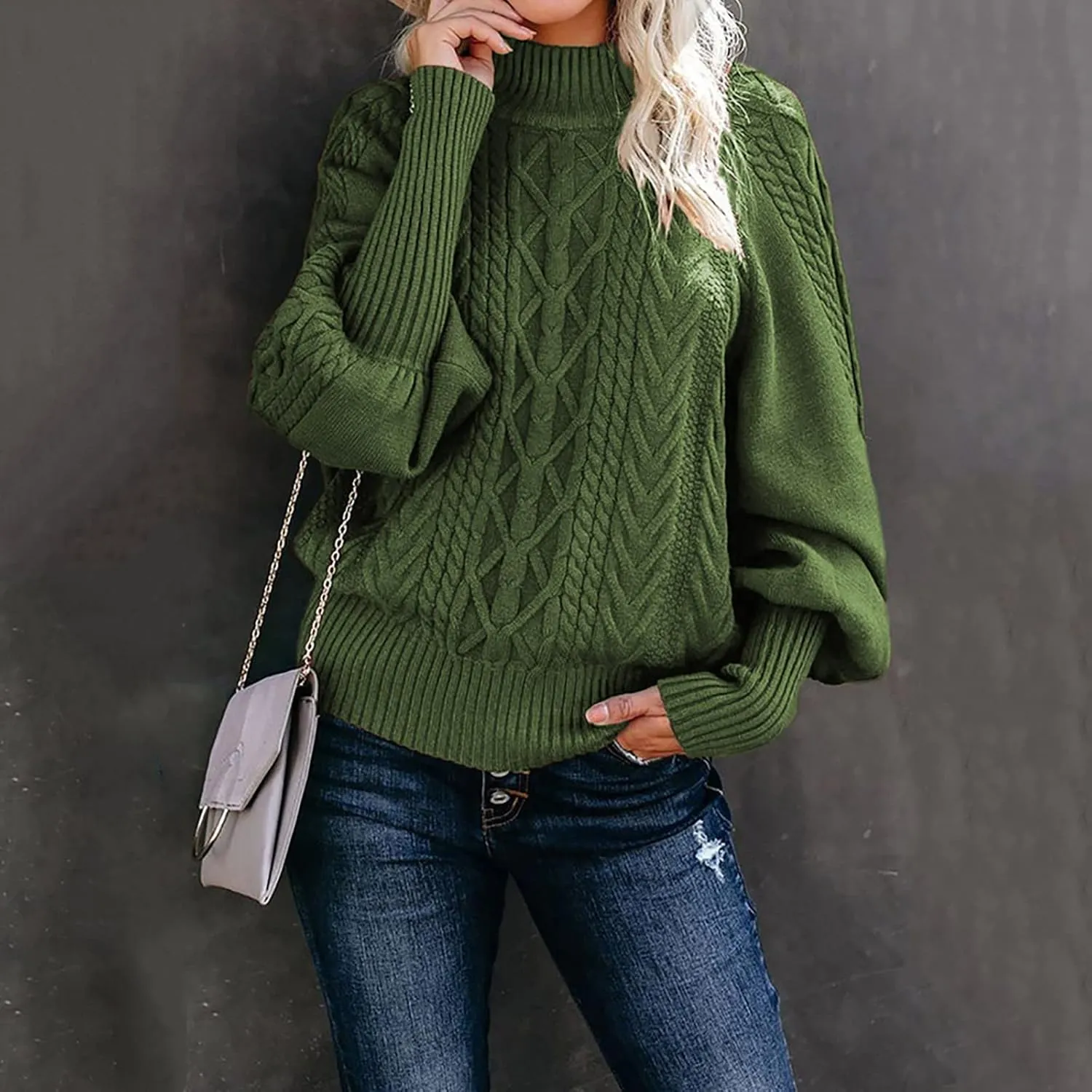 Women's Striped Turtleneck Sweater Long Sleeve Oversized Knitted Soft Pullover Side Split Drop Shoulders Blouse Tops