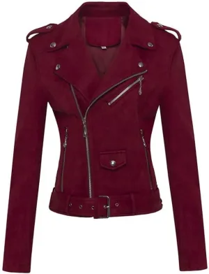 Women's Suede Jacket Moto Biker Faux Suede Jackets Ladies Lapel Suede Leather Zip up Short Coats