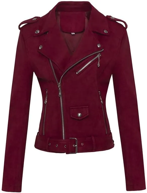 Women's Suede Jacket Moto Biker Faux Suede Jackets Ladies Lapel Suede Leather Zip up Short Coats