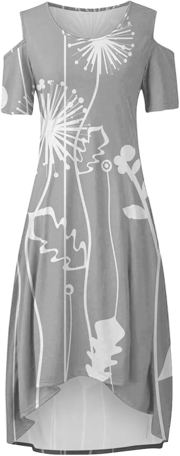 Womens Summer Dress Plus Size Casual Floral Shoulder Maxi Dress Loose Short Sleeve Crewneck High Waist A Line Dress
