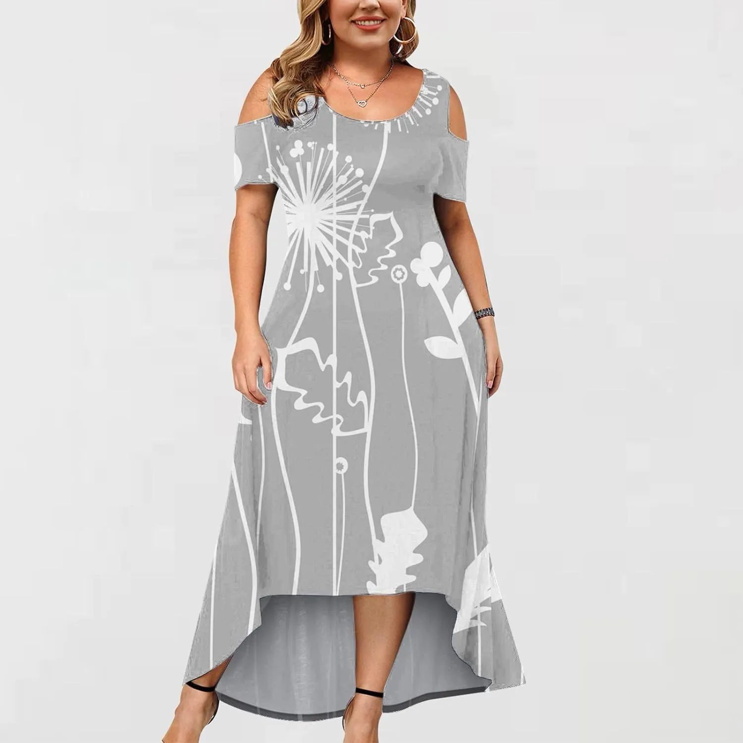 Womens Summer Dress Plus Size Casual Floral Shoulder Maxi Dress Loose Short Sleeve Crewneck High Waist A Line Dress