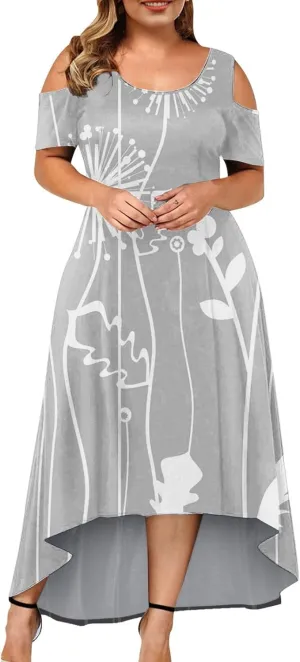 Womens Summer Dress Plus Size Casual Floral Shoulder Maxi Dress Loose Short Sleeve Crewneck High Waist A Line Dress