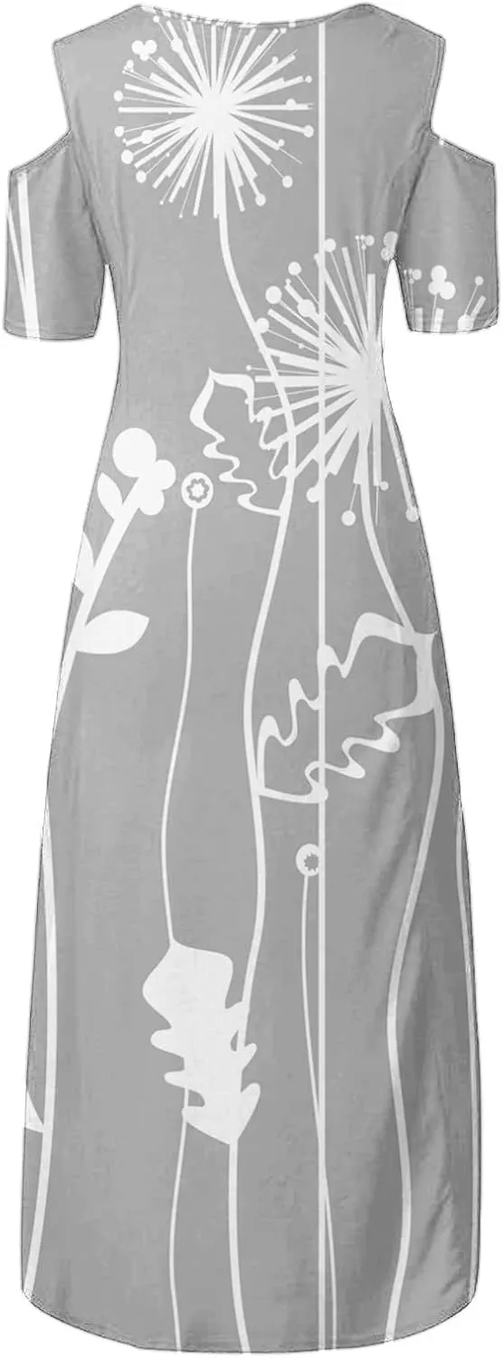 Womens Summer Dress Plus Size Casual Floral Shoulder Maxi Dress Loose Short Sleeve Crewneck High Waist A Line Dress